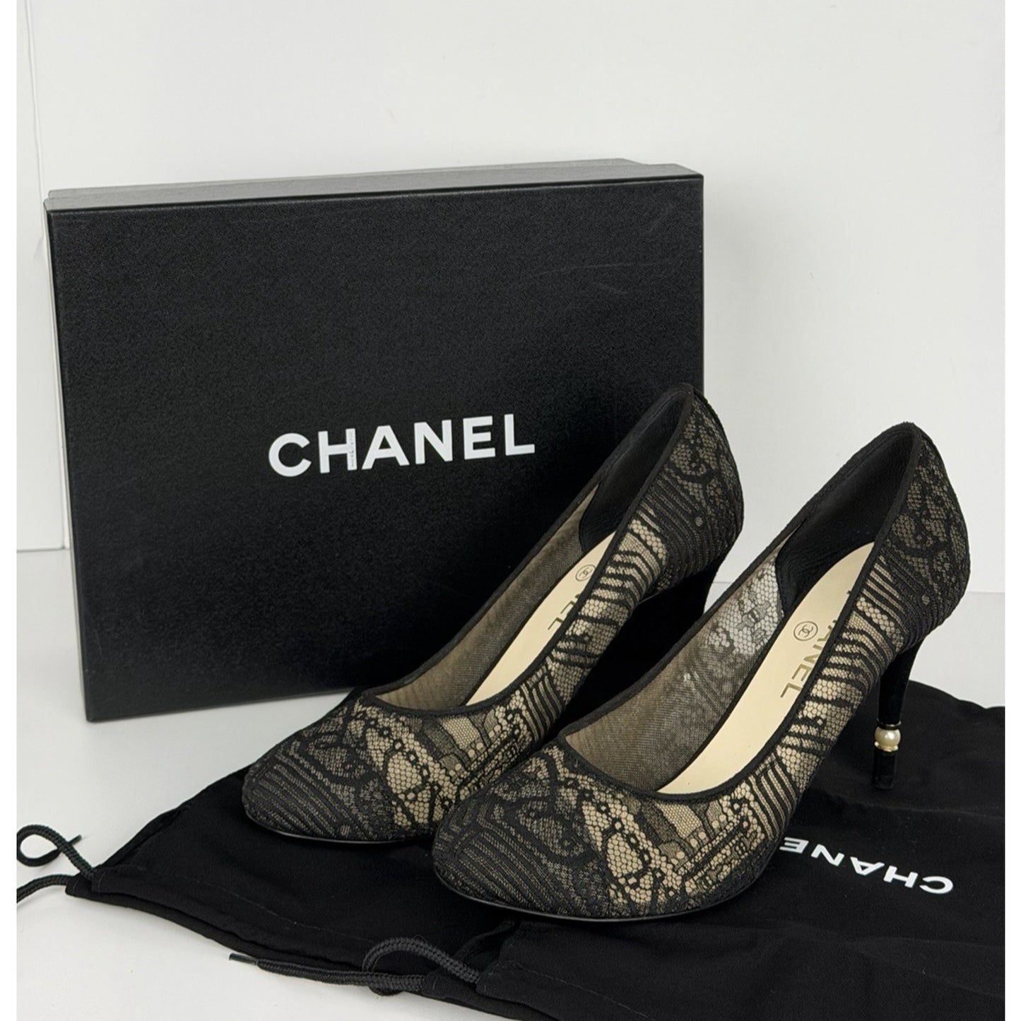 Chanel Black Lace and Mesh Pumps with Suede Heels Size 40
