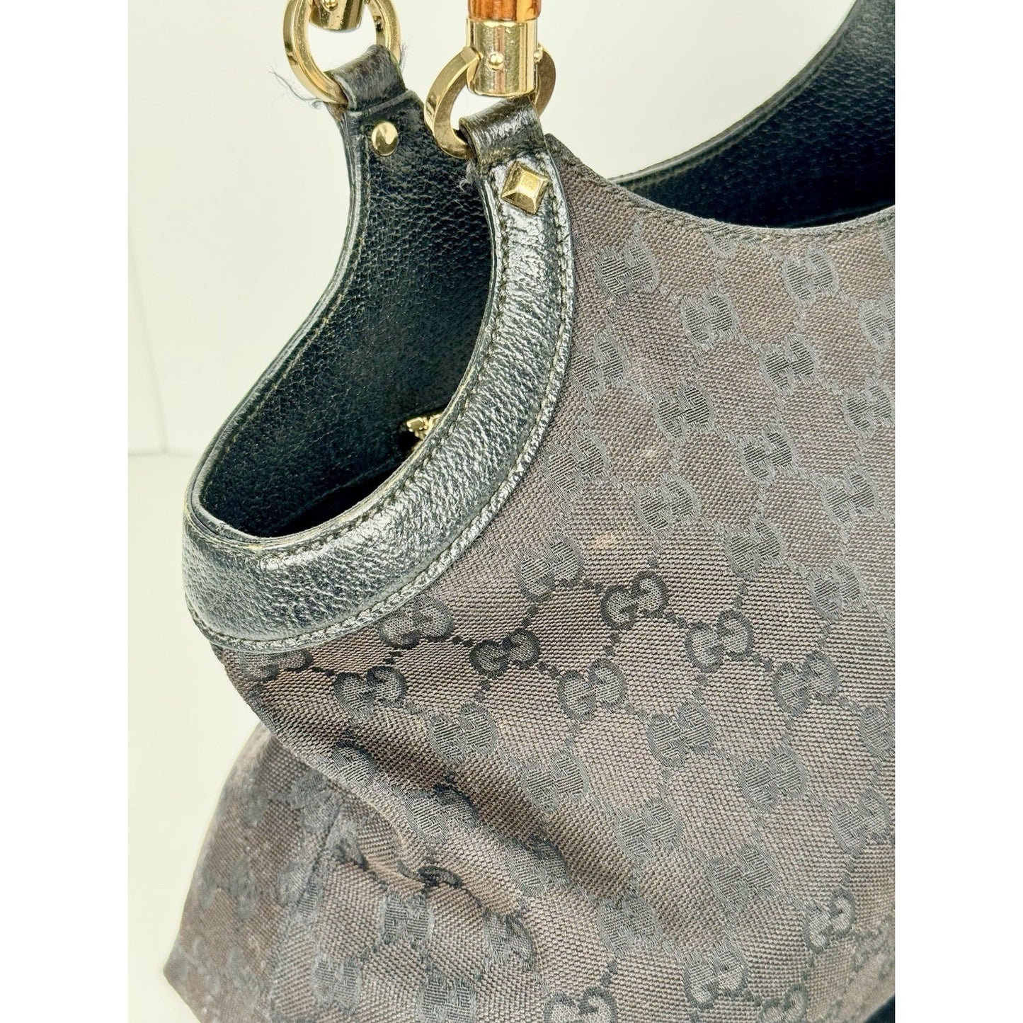 Gucci GG Canvas Tote Bag in Black with Bamboo Handles D-7