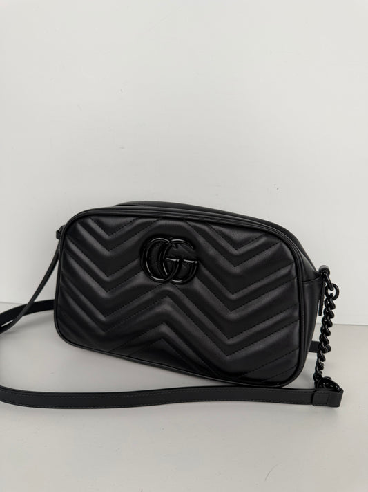 Gucci Monochrome GG Marmont Chain Shoulder Bag Small in Black Quilted Leather YS-13