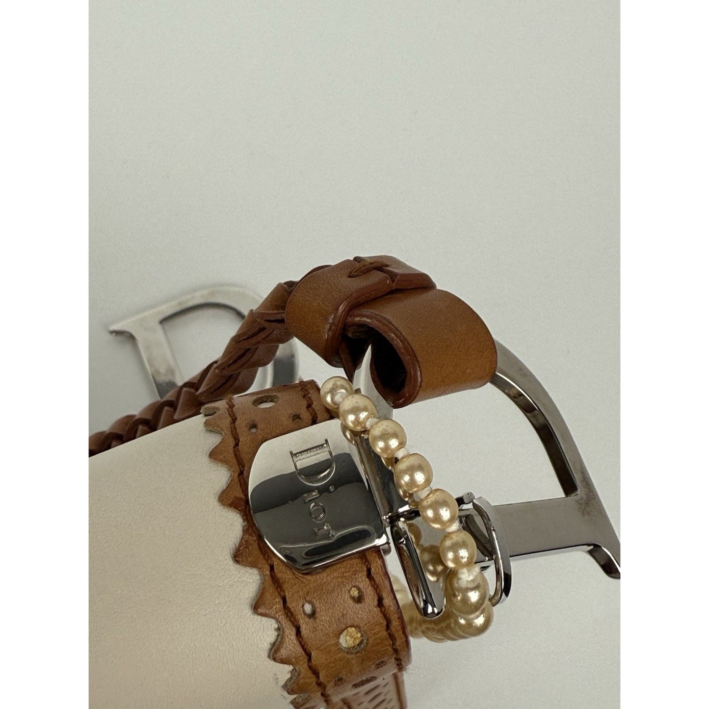 Dior Tan/Off White Brogue Leather Faux Pearl D’Trick Baguette Bag
