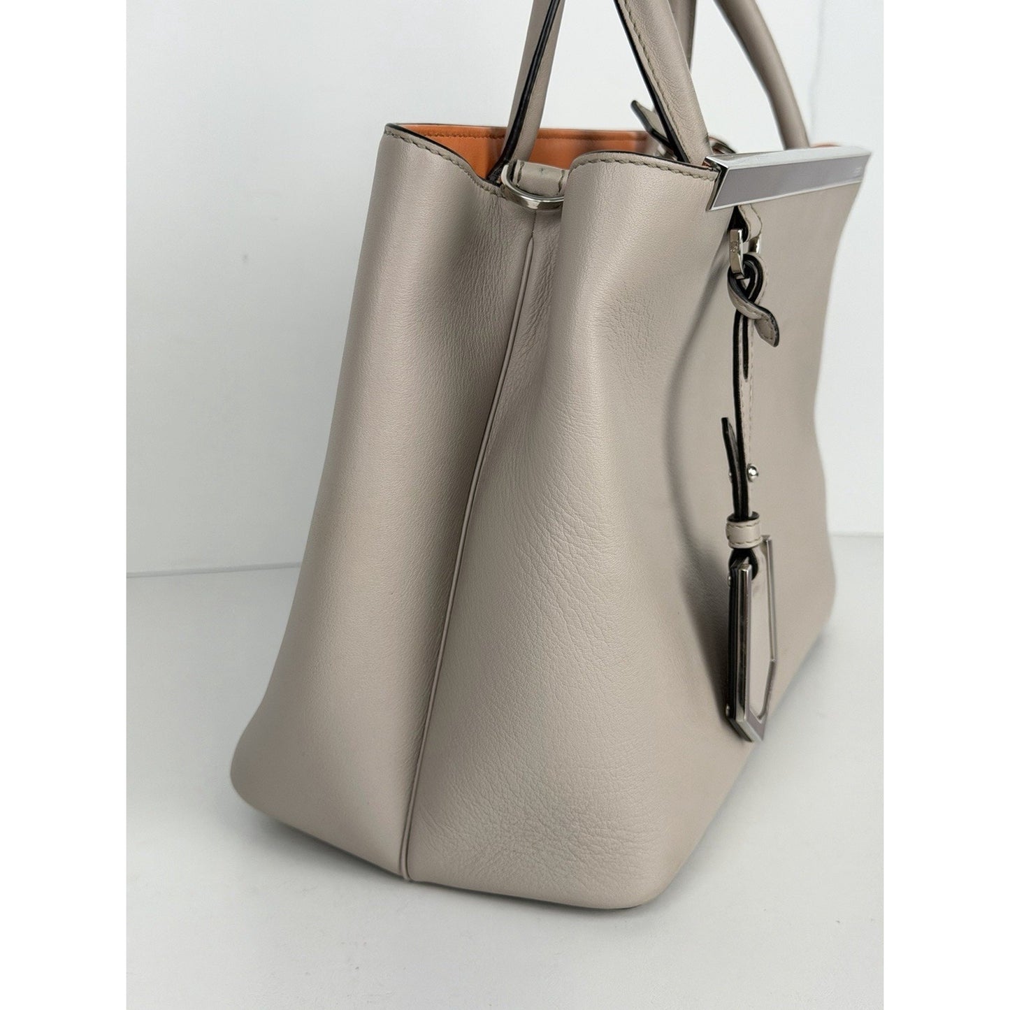 Fendi Petite 2Jours Tote Bag Neutral Gray Leather & Orange Leather Lining S