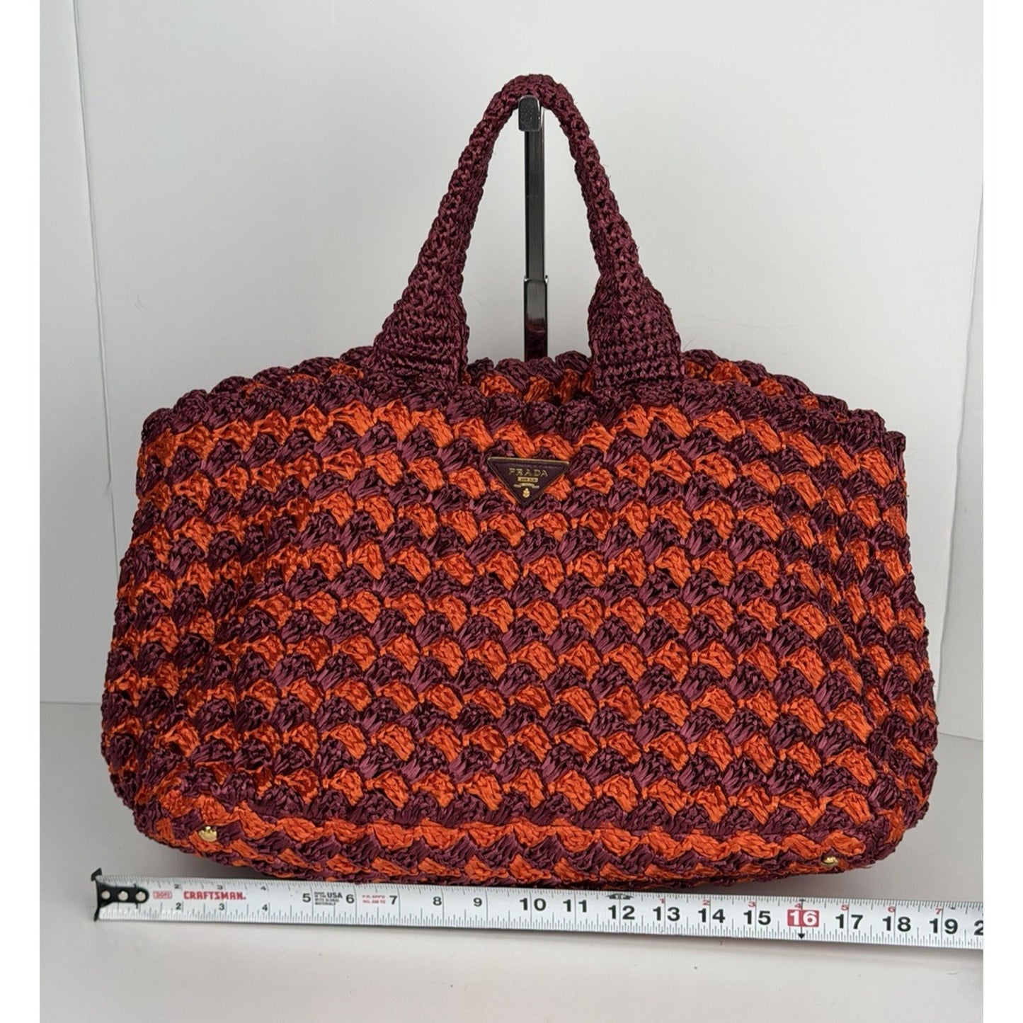 Prada Raffia Crochet Tote Bag in Striped Vibrant Orange & Rich Purple S