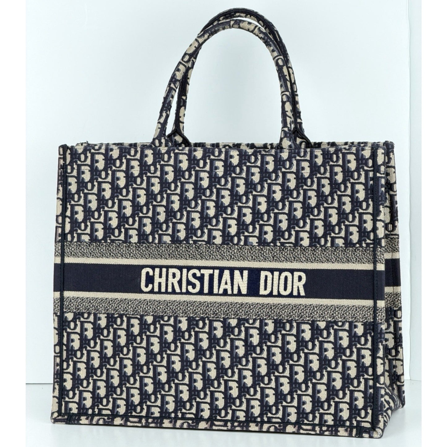 Christian Dior Oblique Book Tote Large Bag in Blue Beige Embroidered Canvas D9