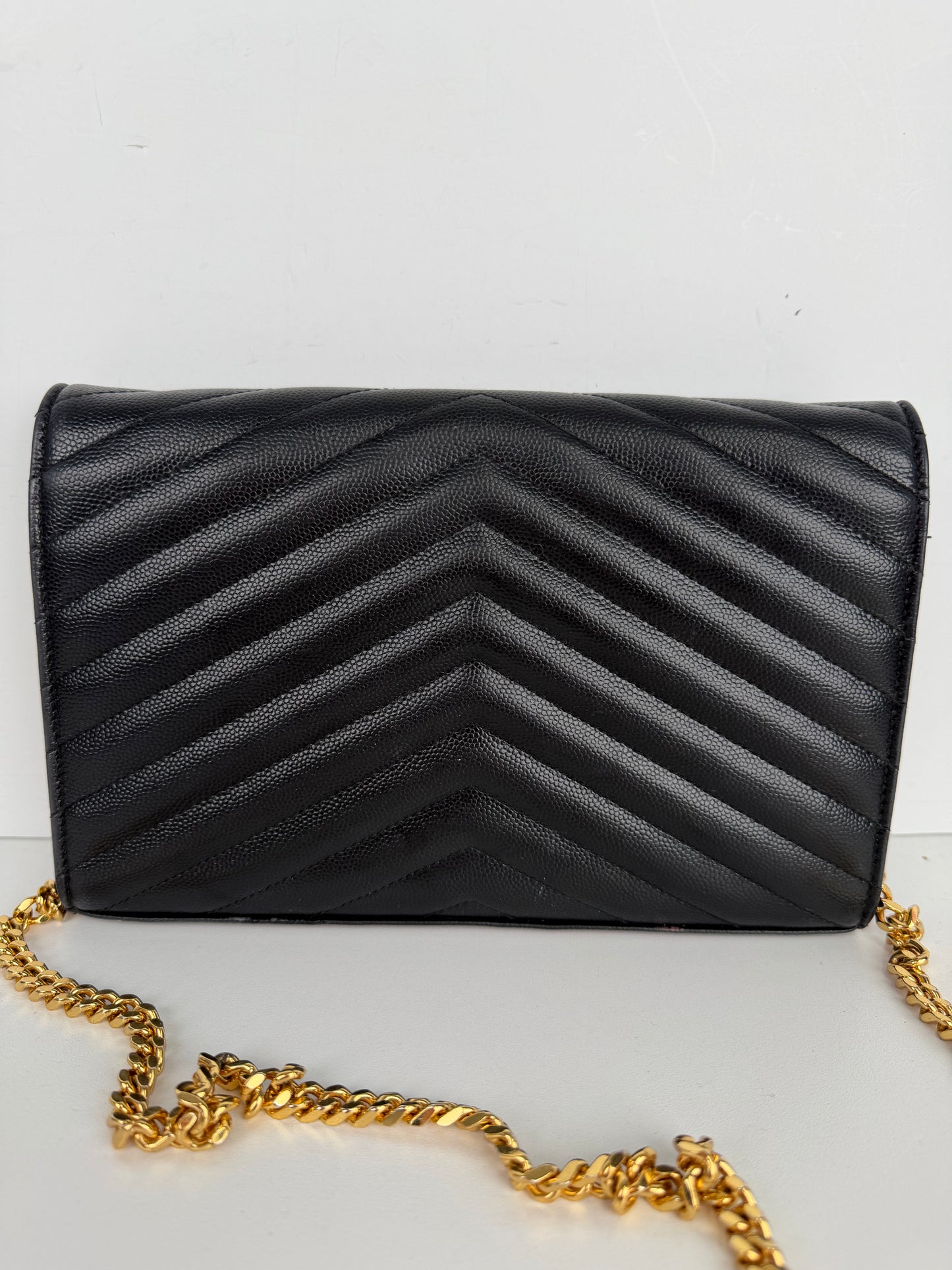 Saint Laurent Cassandre Wallet on Chain Bag in Black Grain De Poudre Leather YS-03