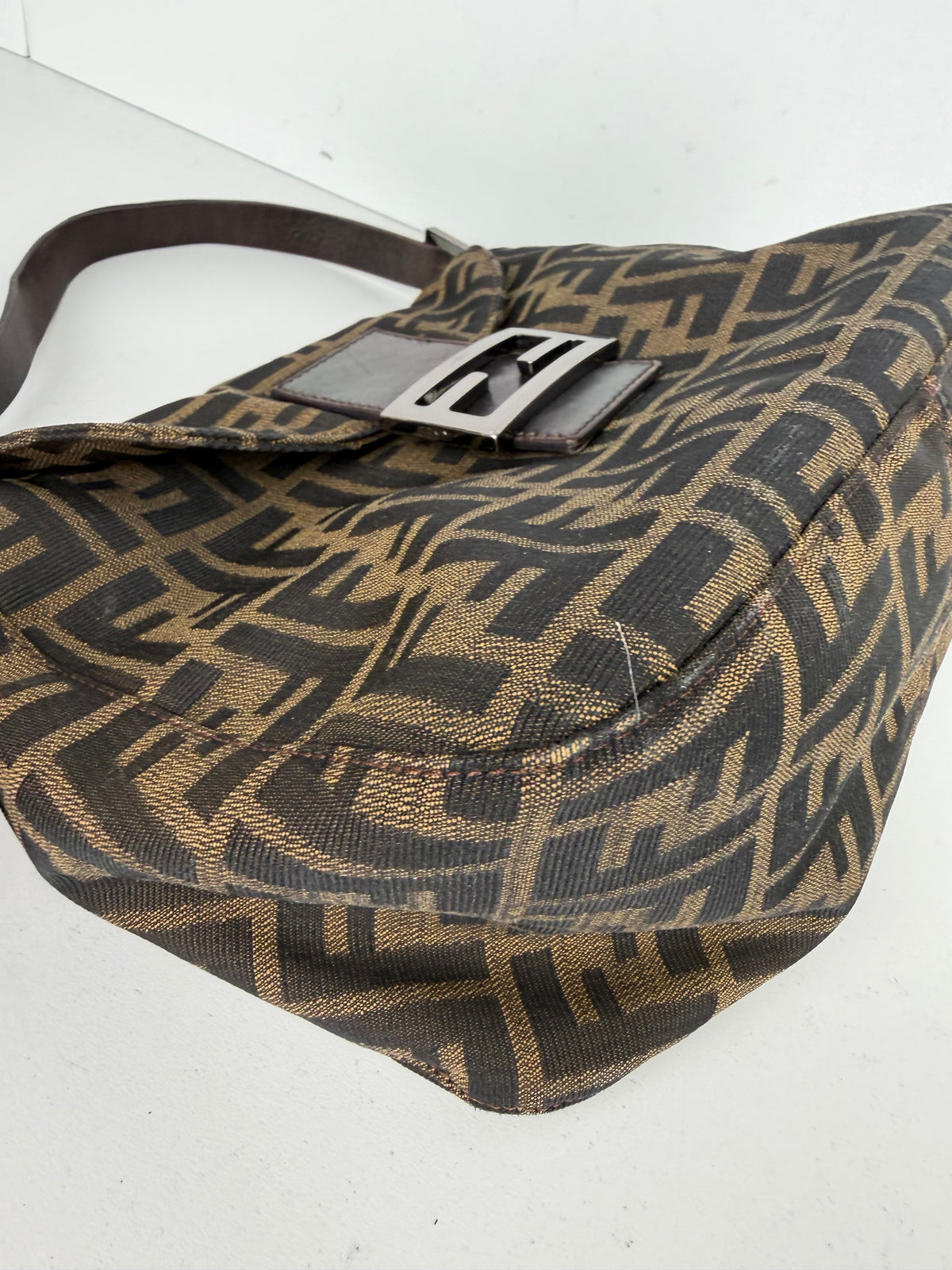 Fendi Zucca FF Double Flap Baguette Shoulder Bag in Brown Canvas