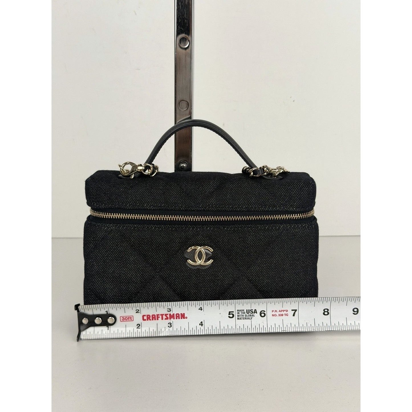 Chanel Slim Vanity Case Crossbody Bag in Blue Quilted Denim With Chain NFC E-1