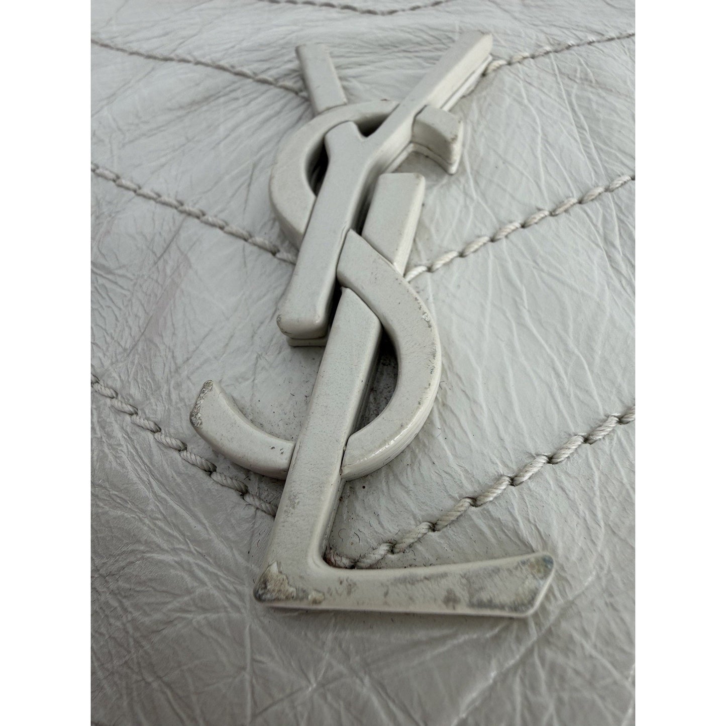 Saint Laurent Niki Medium Chain Satchel Crinkled Calfskin Matelassé Crema C-4