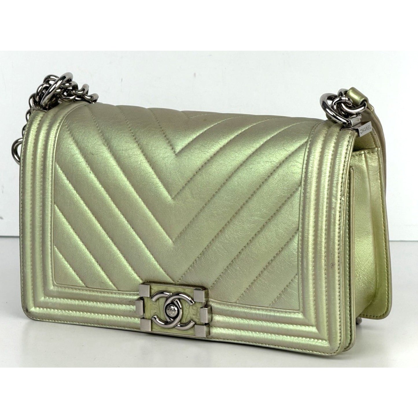 Chanel Old Medium Boy Bag in Iridescent Green Chevron Lambskin 2017 D1