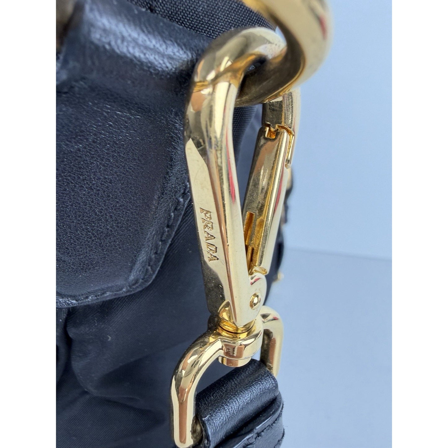 Prada Tessuto Tote Bag in Black Nylon with Gold Hardware Buckle Accents S