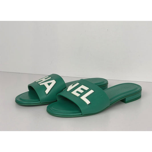 Chanel Mules in Emerald Green Leather with Logo Lettering 36 EU (5.5-6 US)