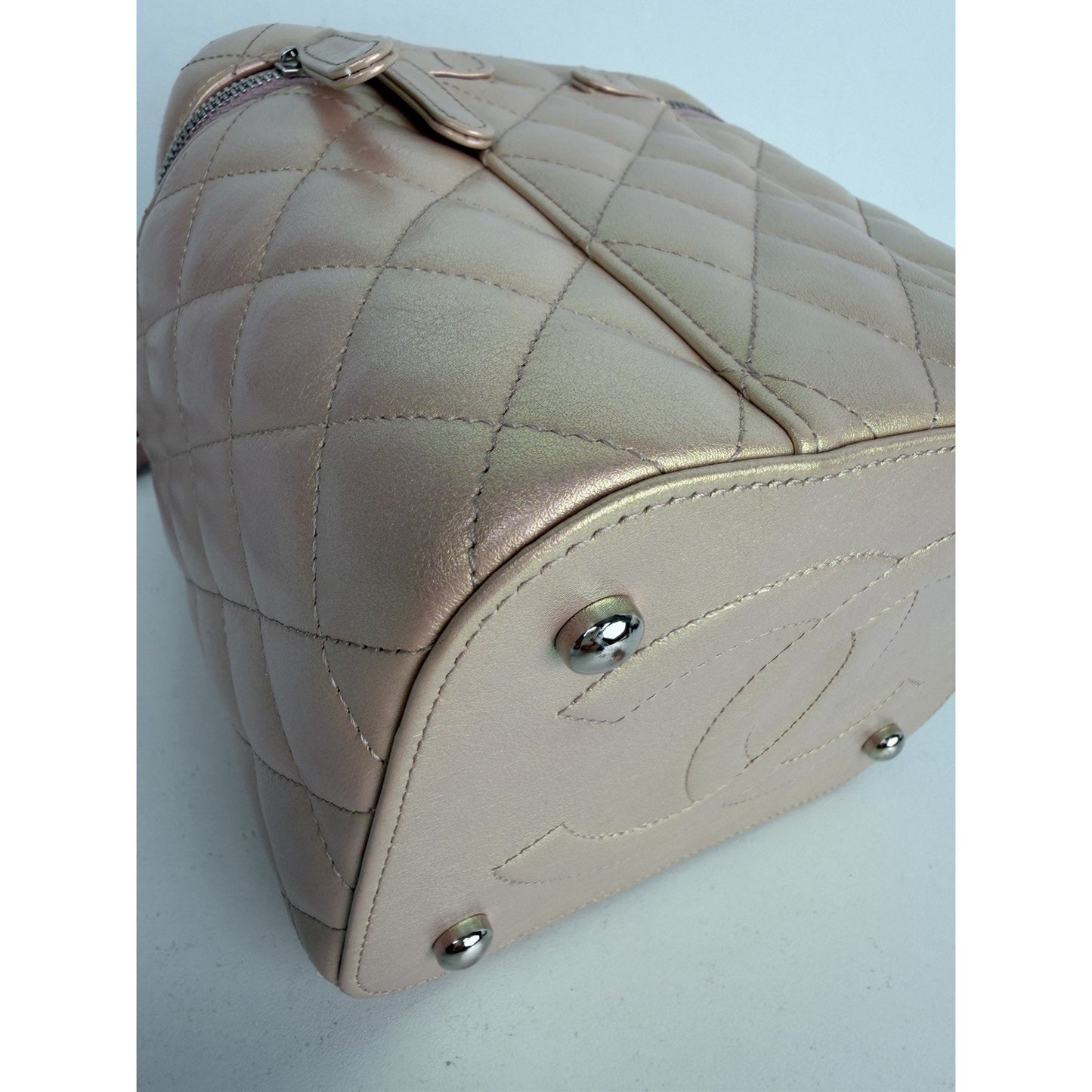 Chanel Small Top Handle Vanity Case Bag Iridescent Pink Quilted Leather NFC B