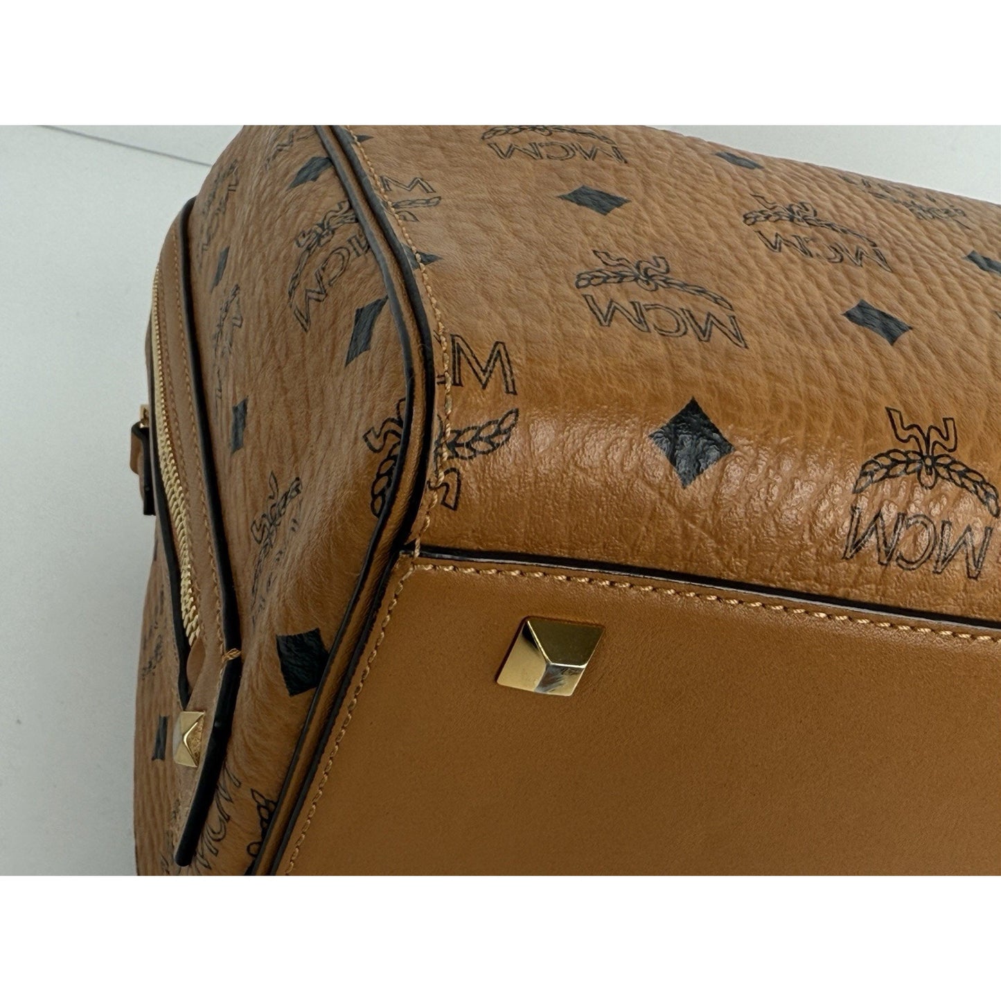 MCM Visetos Cognac Boston Satchel Handbag