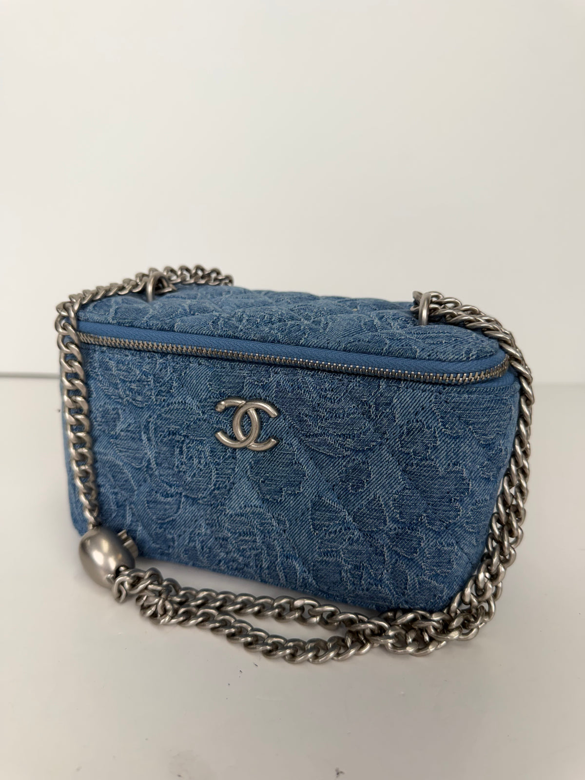 Chanel Denim Quilted Camellia Sweetheart Small Vanity Case in Blue Denim NFC YC3