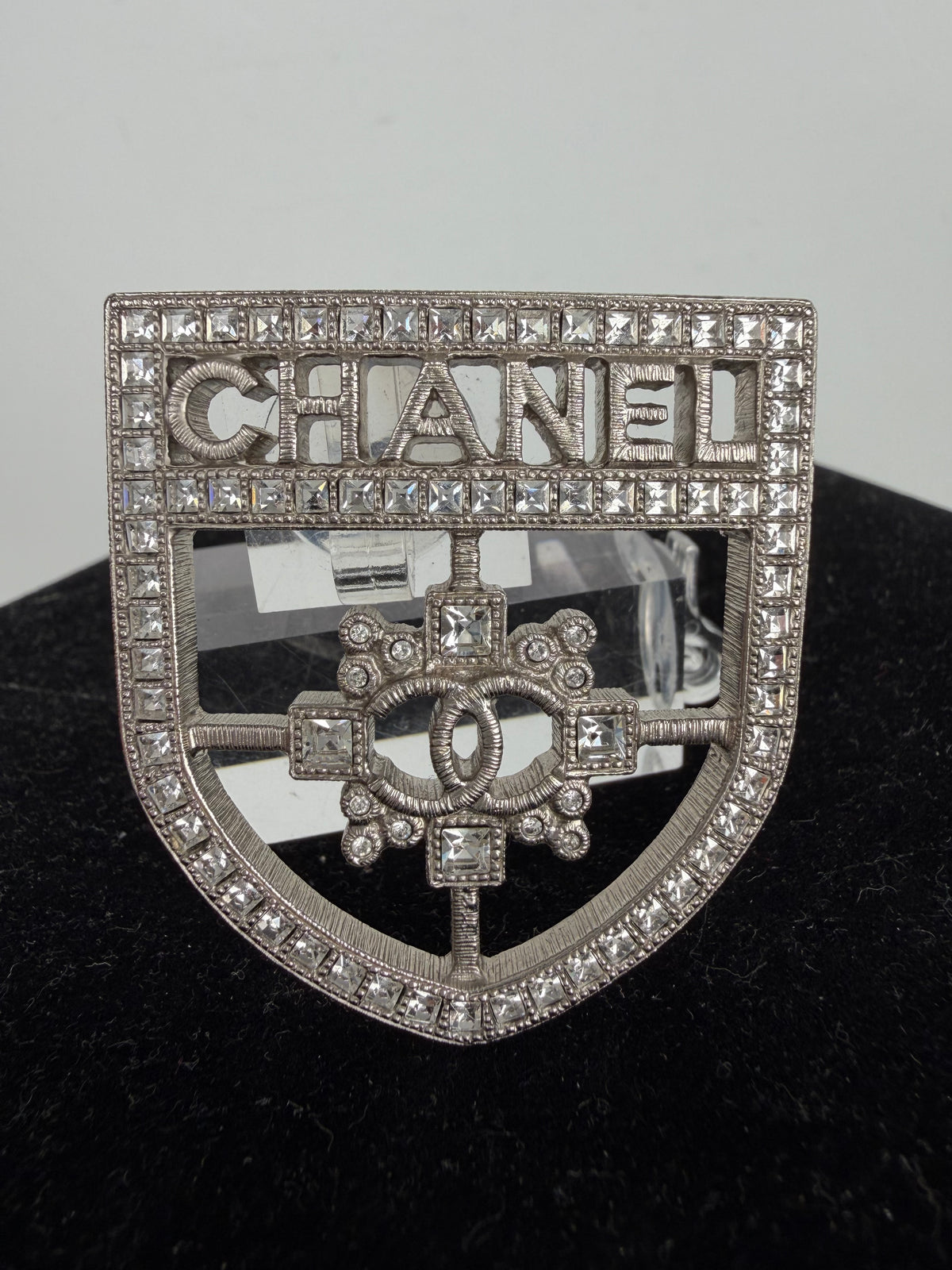 Chanel Swarovski Baguette Crystal CC Shield Brooch in Silver-Tone 2016 Collection K3