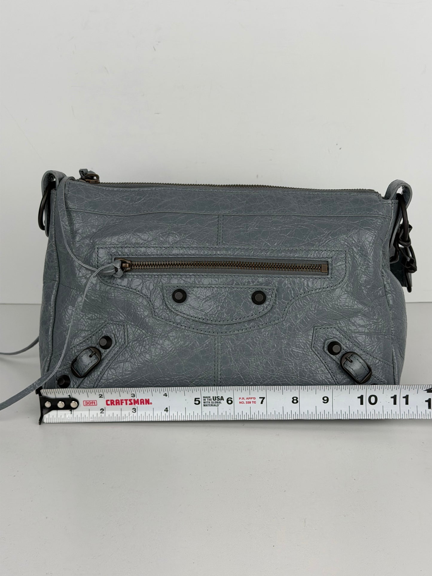 Balenciaga Le City Moto Shoulder Bag Small in Blue-Gray Crinkled Leather YC-5