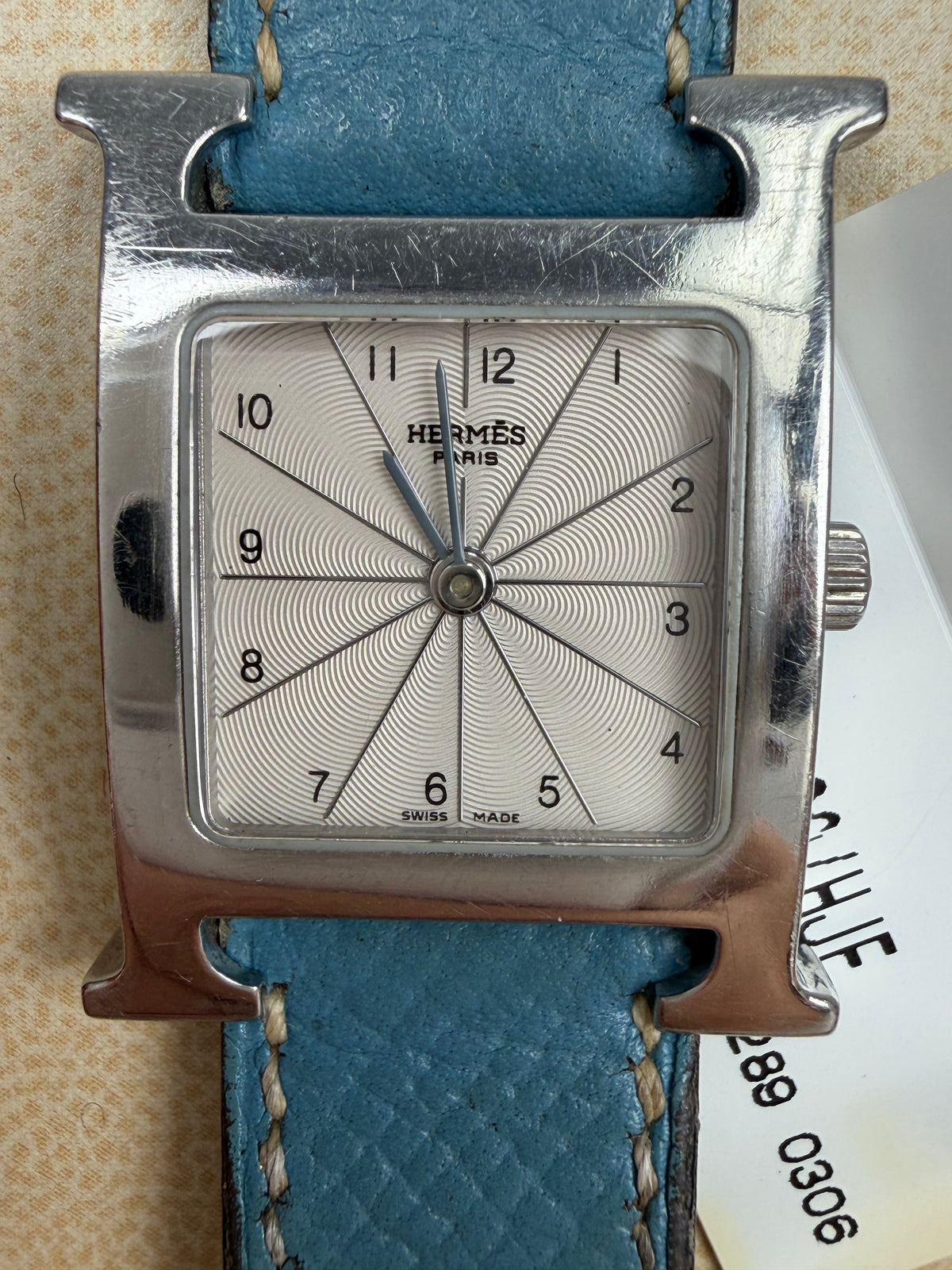 Hermes Heure H Watch 21mm in H-Shaped Stainless Steel Blue Leather Strap Y