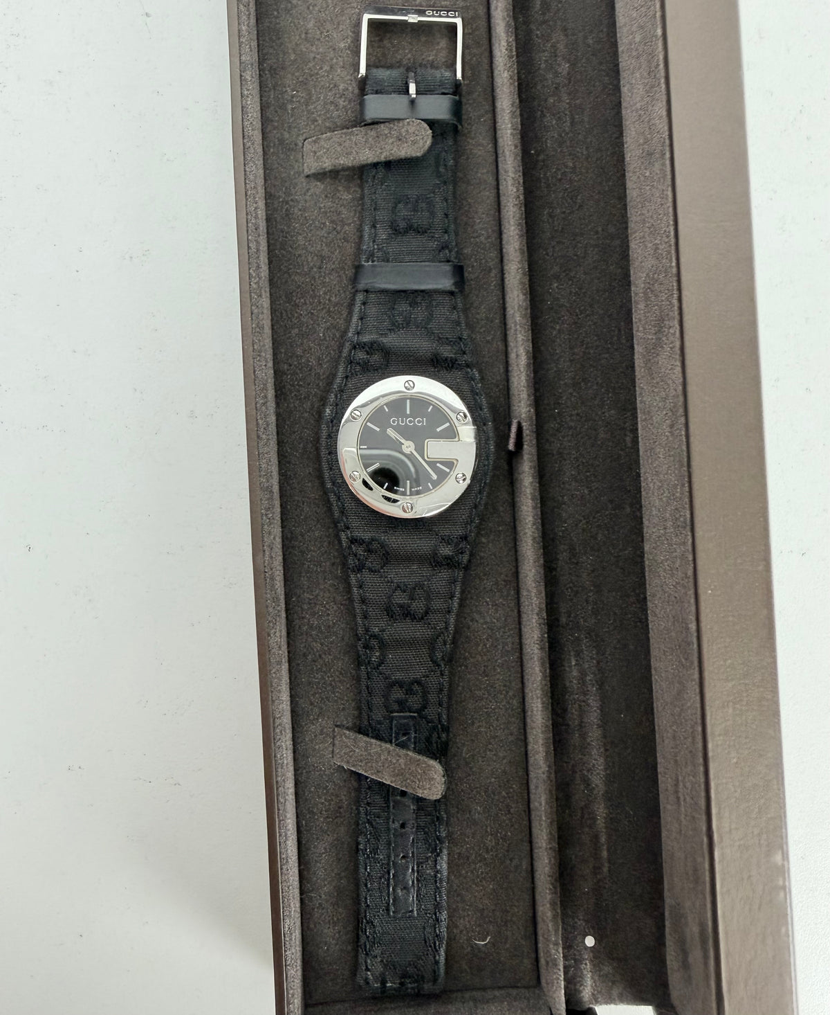 Gucci G-Bandeau Watch (Series 104) in Black Monogram Canvas Strap Stainless Steel K3