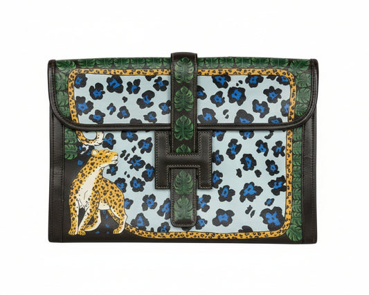 Hermes Vintage Handbag Leather Clutch with Leopard Print Design 1978 B1
