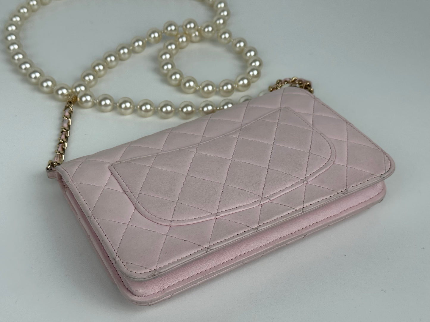 Chanel Pink Quilted Leather Pearl Wallet on Chain With Gold Hardware
