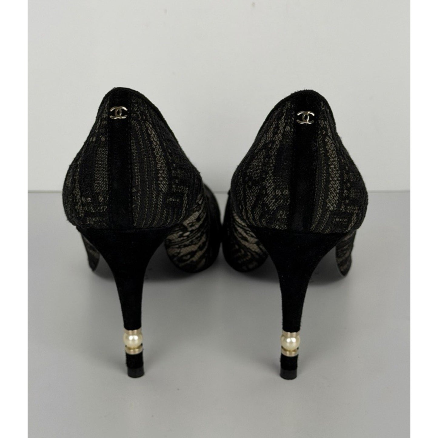 Chanel Black Lace and Mesh Pumps with Suede Heels Size 40