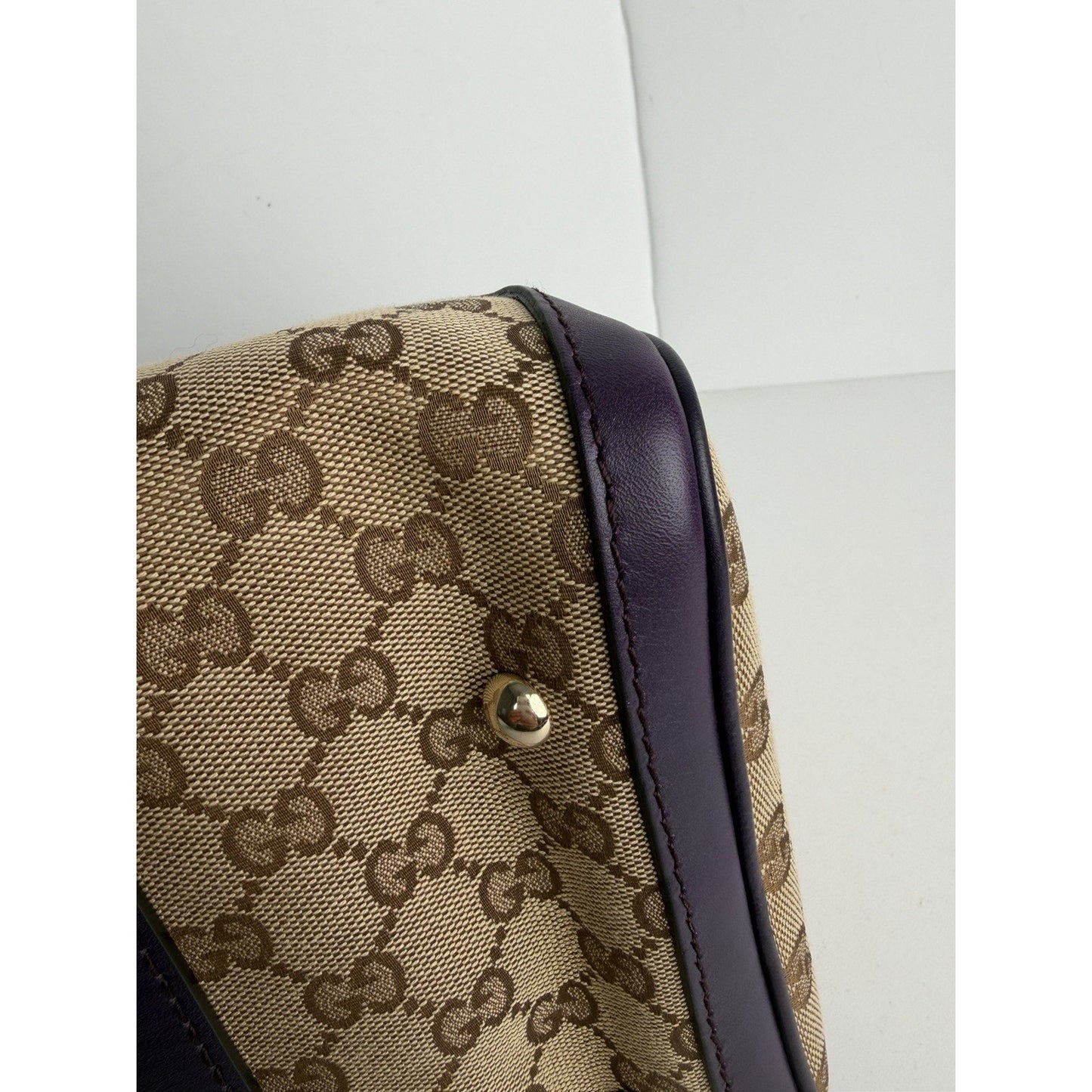 Gucci Web Boston Medium Bag in Brown GG Monogram Canvas & Purple Trim S