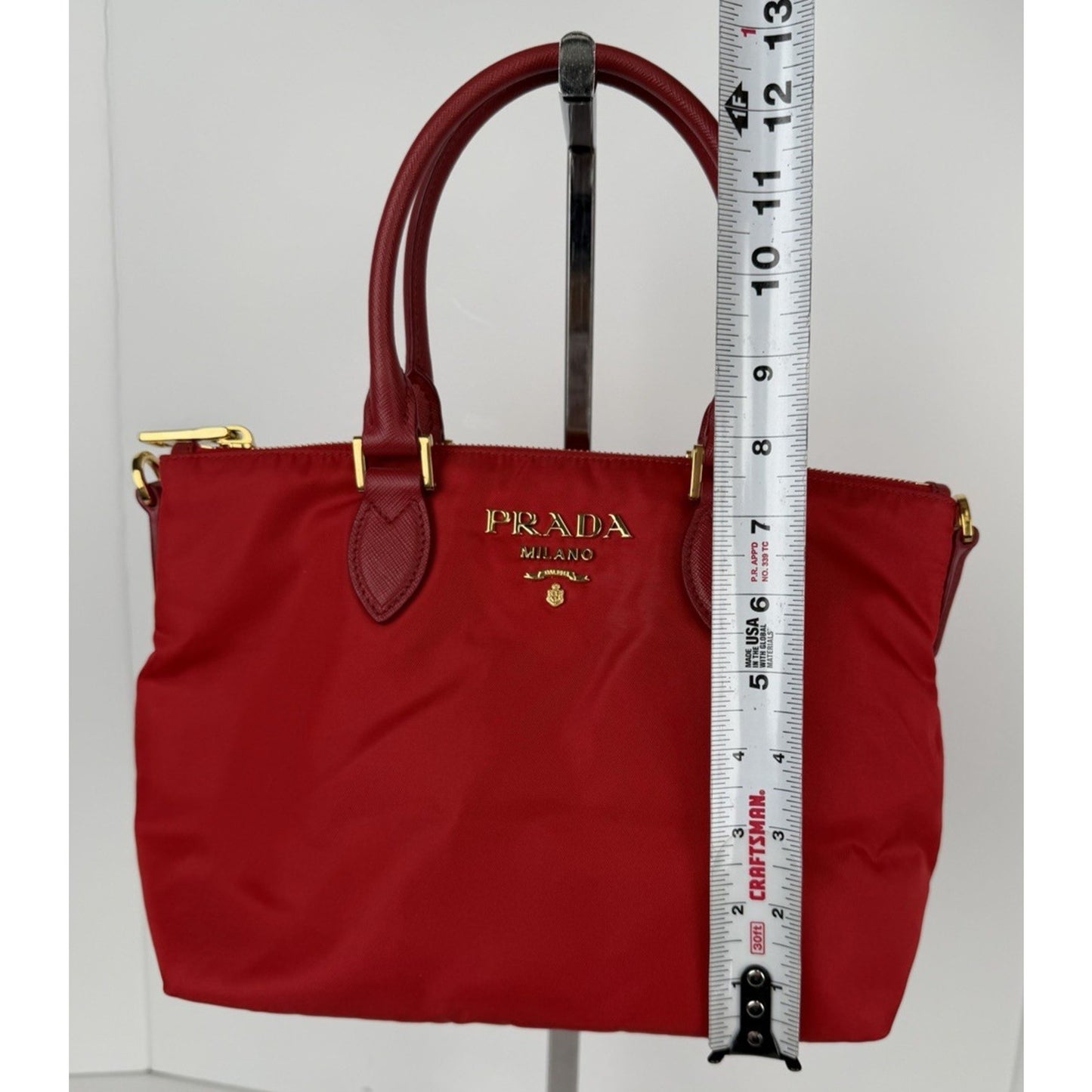 Prada Tessuto Nylon Medium Tote Bag in Red with Saffiano Leather Trim S11