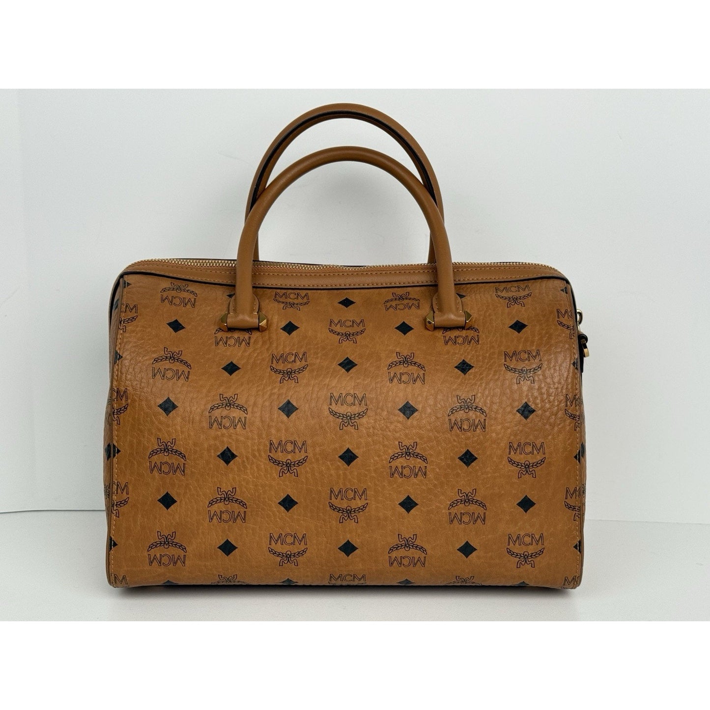 MCM Visetos Cognac Boston Satchel Handbag