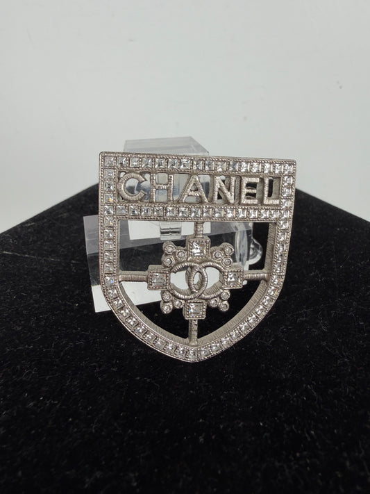 Chanel Swarovski Baguette Crystal CC Shield Brooch in Silver-Tone 2016 Collection K3