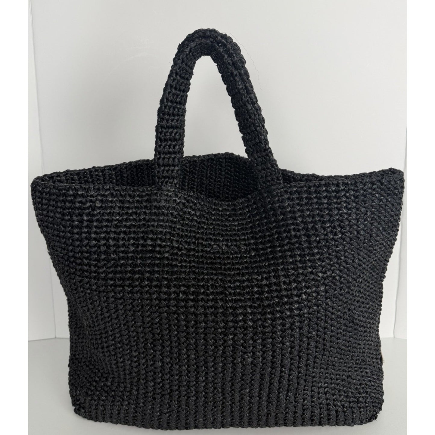 Prada Raffia Black Tote Bag with a White Embroidered Logo D3