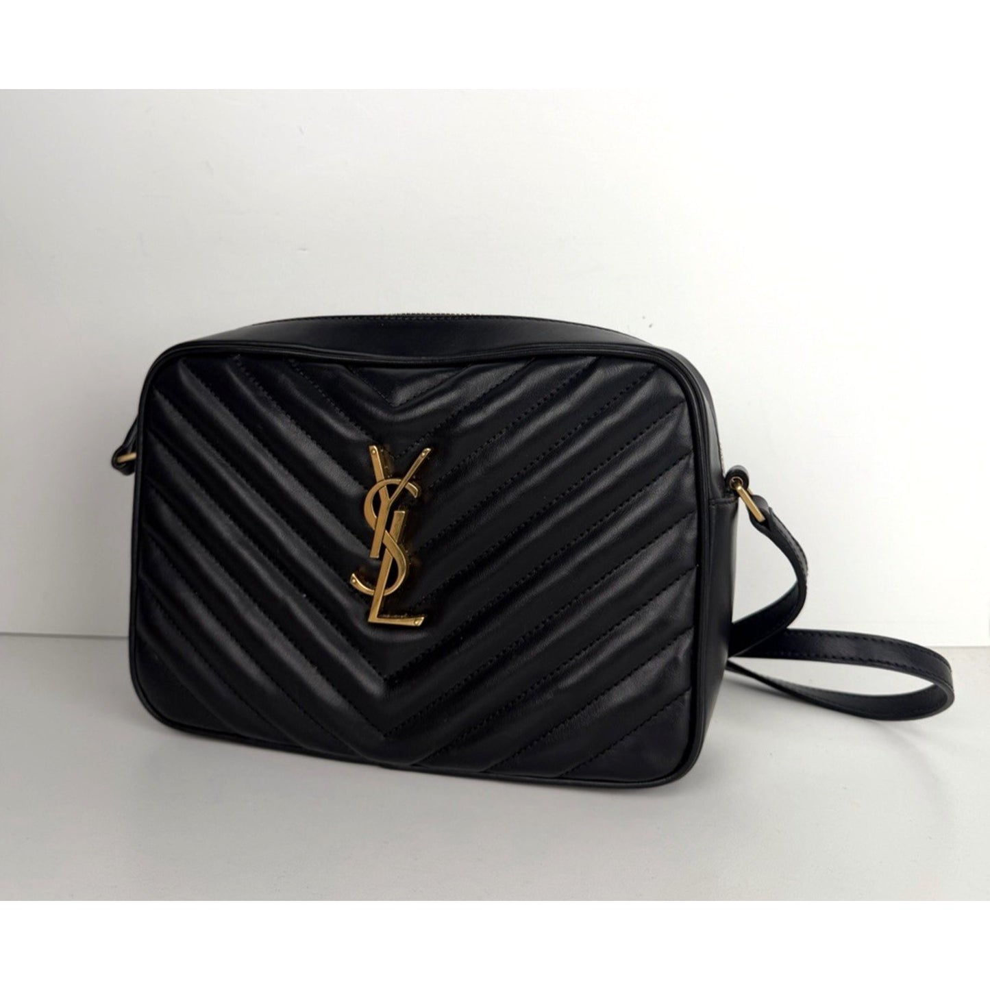 Saint Laurent Lou Camera Bag in Black Chevron Quilted Leather S11