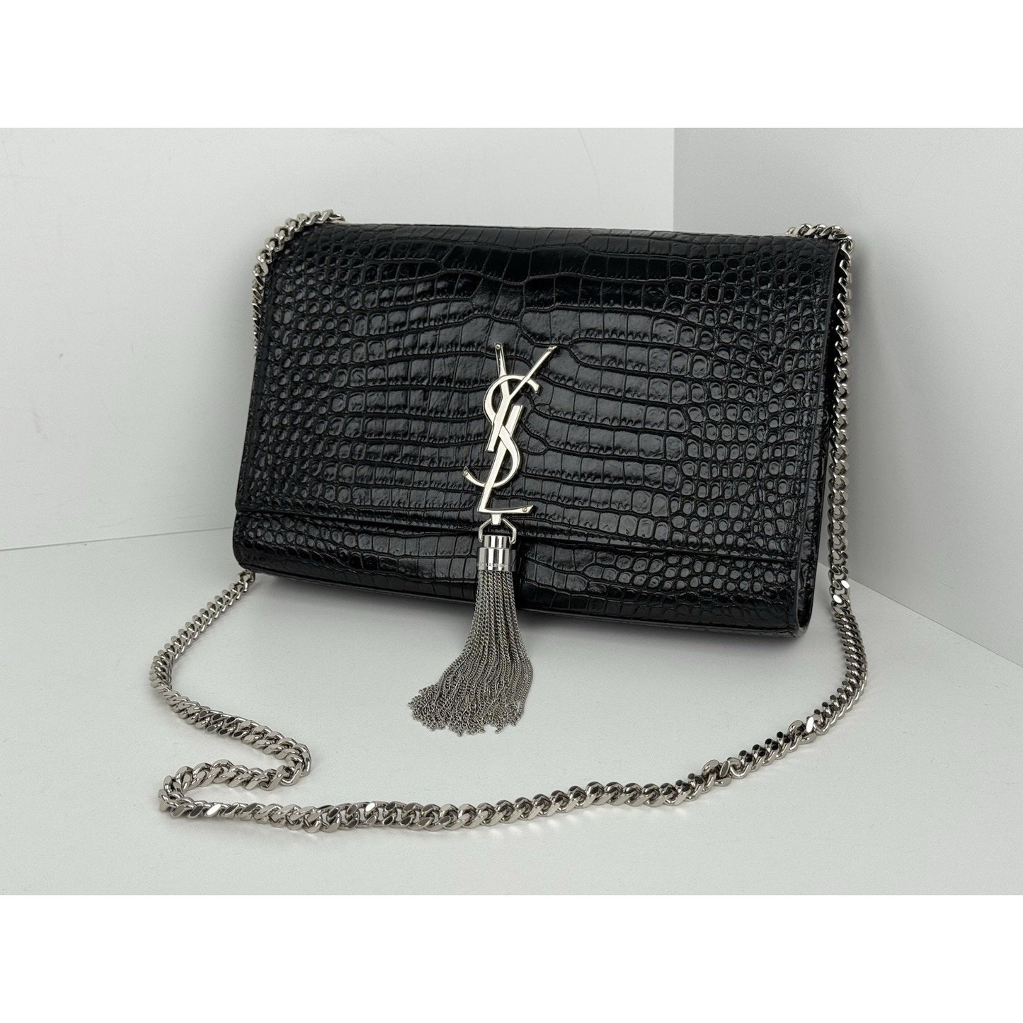 Saint Laurent Kate Tassel Croc-Embossed Leather Shoulder Bag in Black