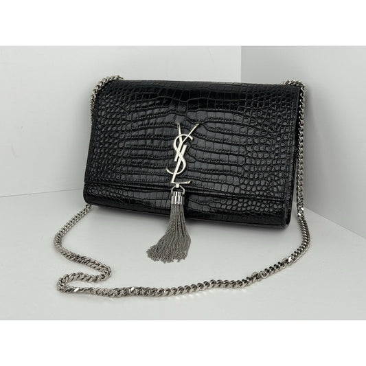 Saint Laurent Kate Tassel Croc-Embossed Leather Shoulder Bag in Black