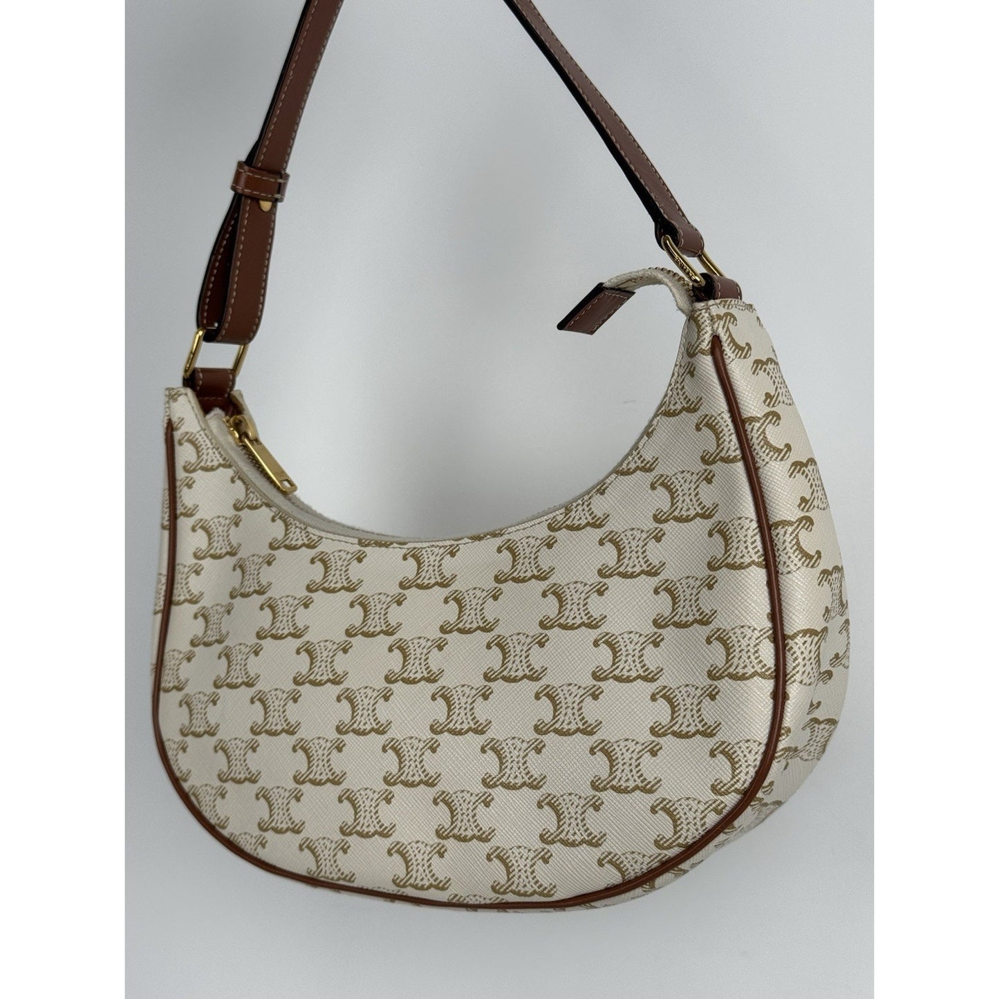 CELINE Canvas Calfskin Ava Triomphe Shoulder Bag White C-1
