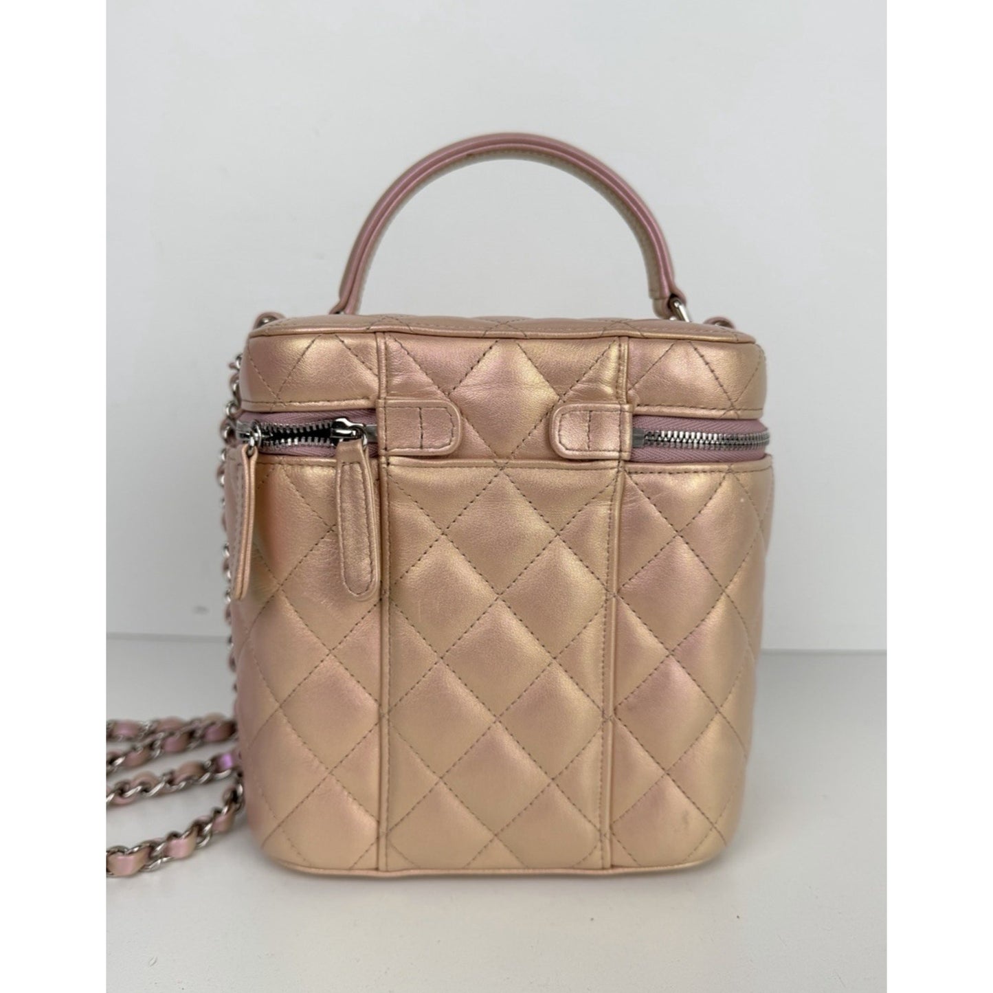 Chanel Small Top Handle Vanity Case Bag Iridescent Pink Quilted Leather NFC B