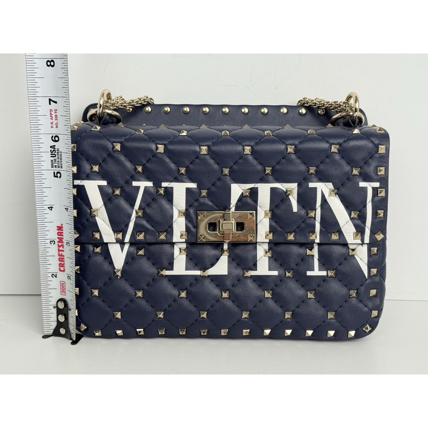 Valentino Garavani Nappa VLTN Print Medium Rockstud Spike Shoulder Bag Navy Blue