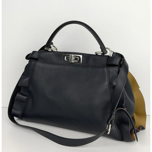 Fendi Ruffle Peekaboo By The Way Tote Bag Regular in Navy Blue Leather S-18
