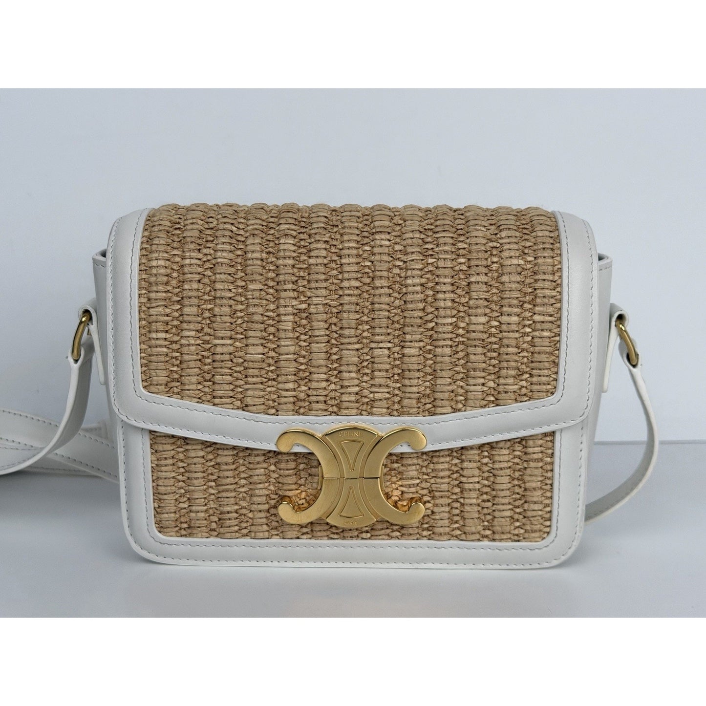 Celine Teen Triomphe Shoulder Bag in Natural Raffia White Calfskin Trim 2023 C2