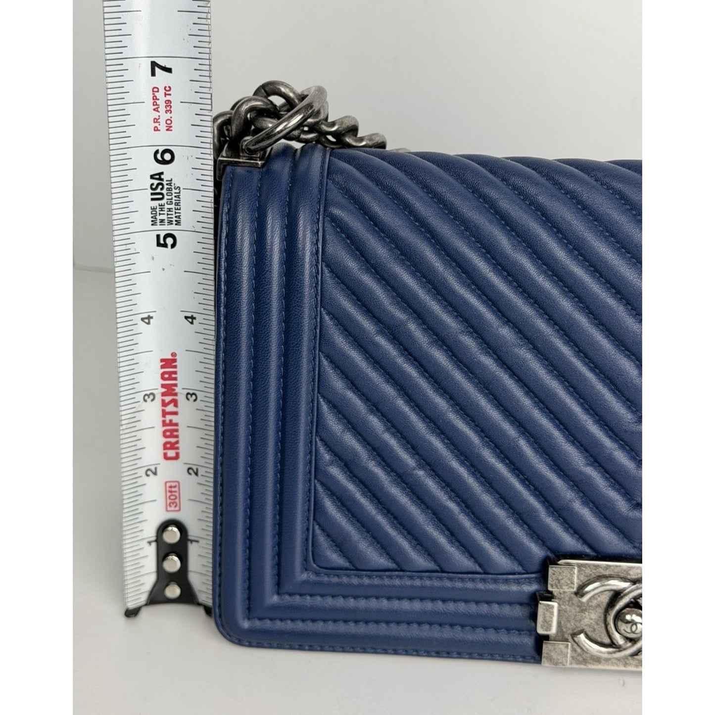 CHANEL Boy Flap Medium Shoulder Bag Lambskin Chevron Navy Blue 2014-2015 B4