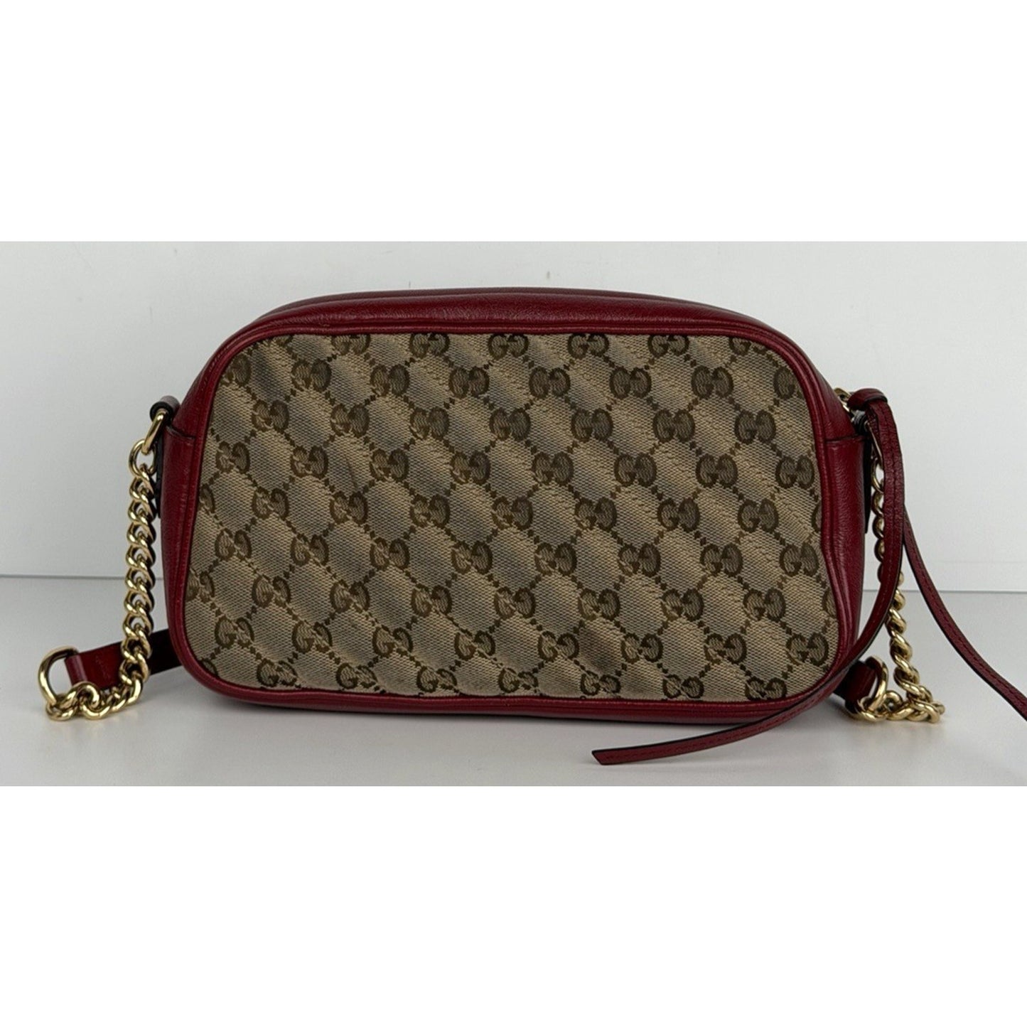 Gucci GG Marmont Camera Bag Small in Diagonal Quilted Canvas Leather Trim S09