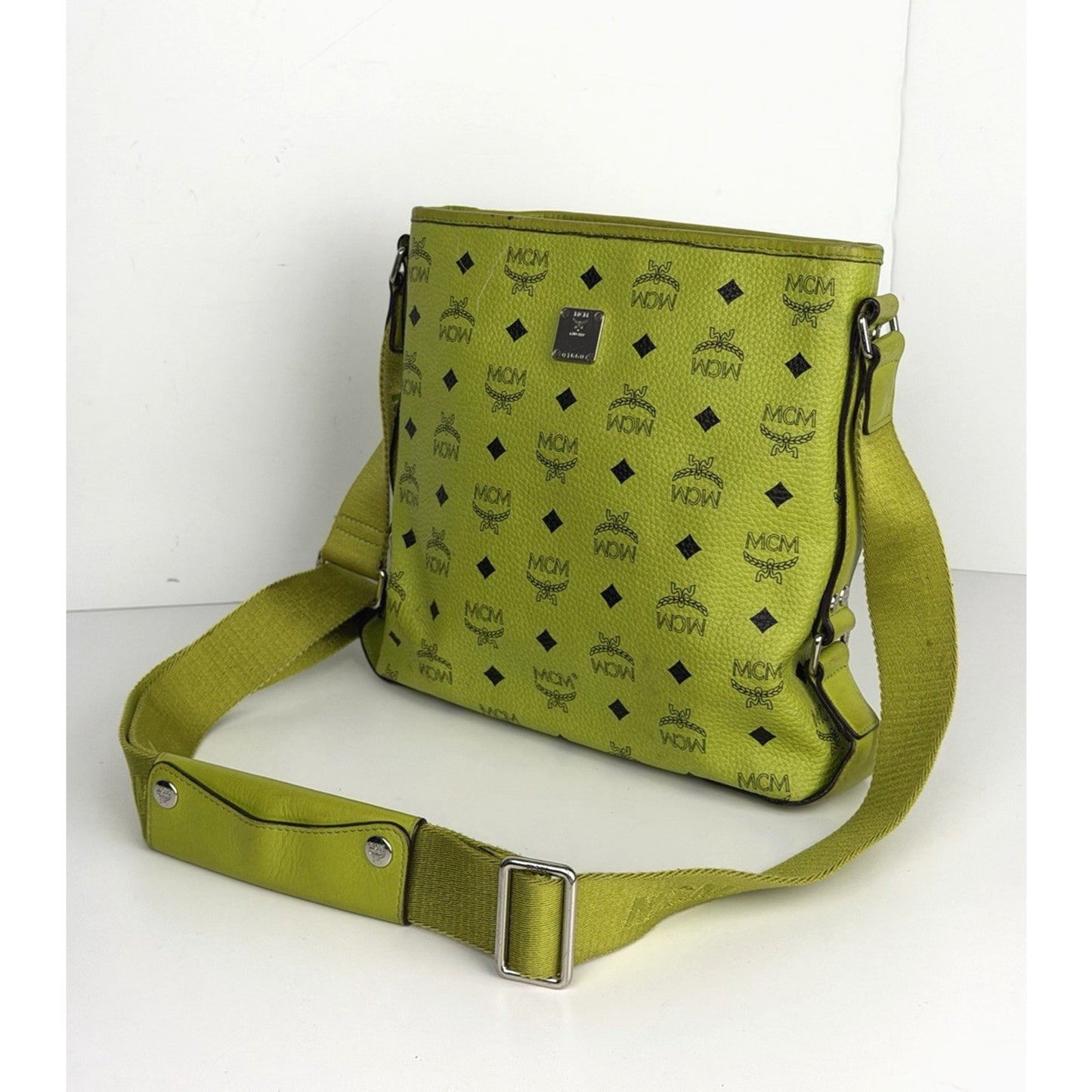 MCM Messenger Crossbody Bag in Neon Green Visetos Monogram Leather S-15