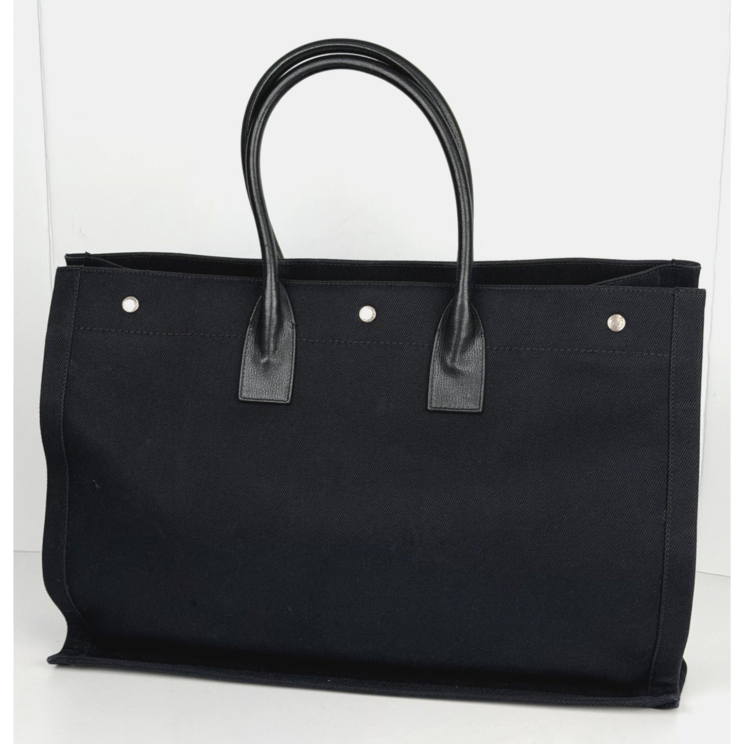 Saint Laurent Rive Gauche Tote Bag Bold White Logo Printed Black Canvas S
