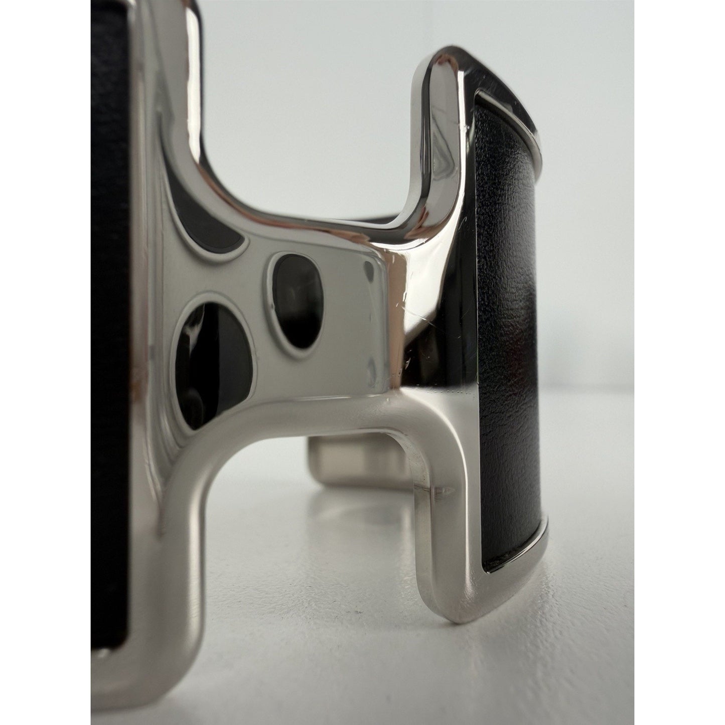 Hermes Olympe Cuff Bracelet in Black Leather and Palladium Plated Metal