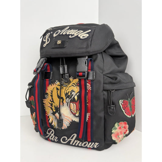 Gucci Animalier Tiger Head Embroidered Backpack Black Floral Butterfly