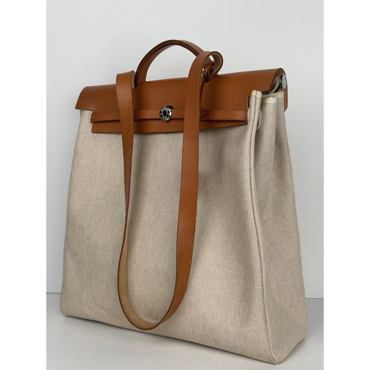 Hermes Herbag 39 (MM) in Beige and Brown Canvas and Leather 2001 C1