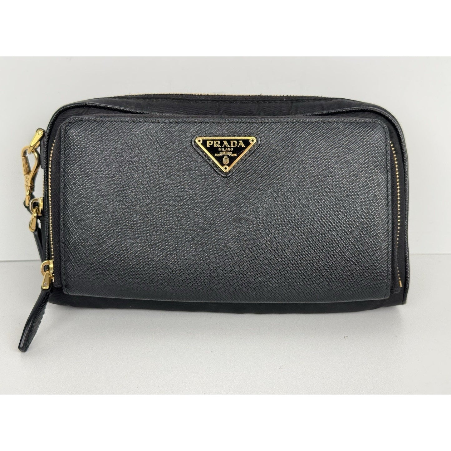 Prada Saffiano Leather Mini Double Zip Crossbody Black B-6