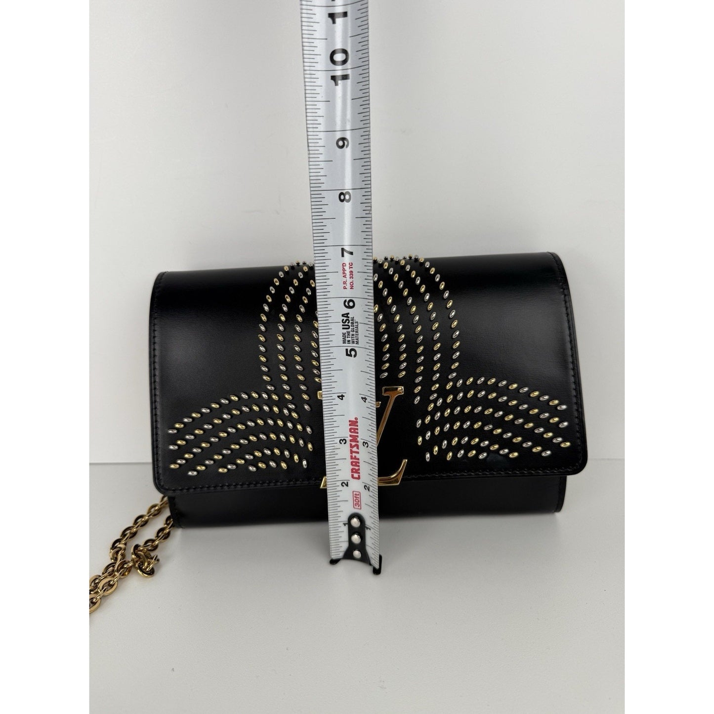 LOUIS VUITTON Black Calfskin Fleur De Lys Pochette Studded Chain Louise