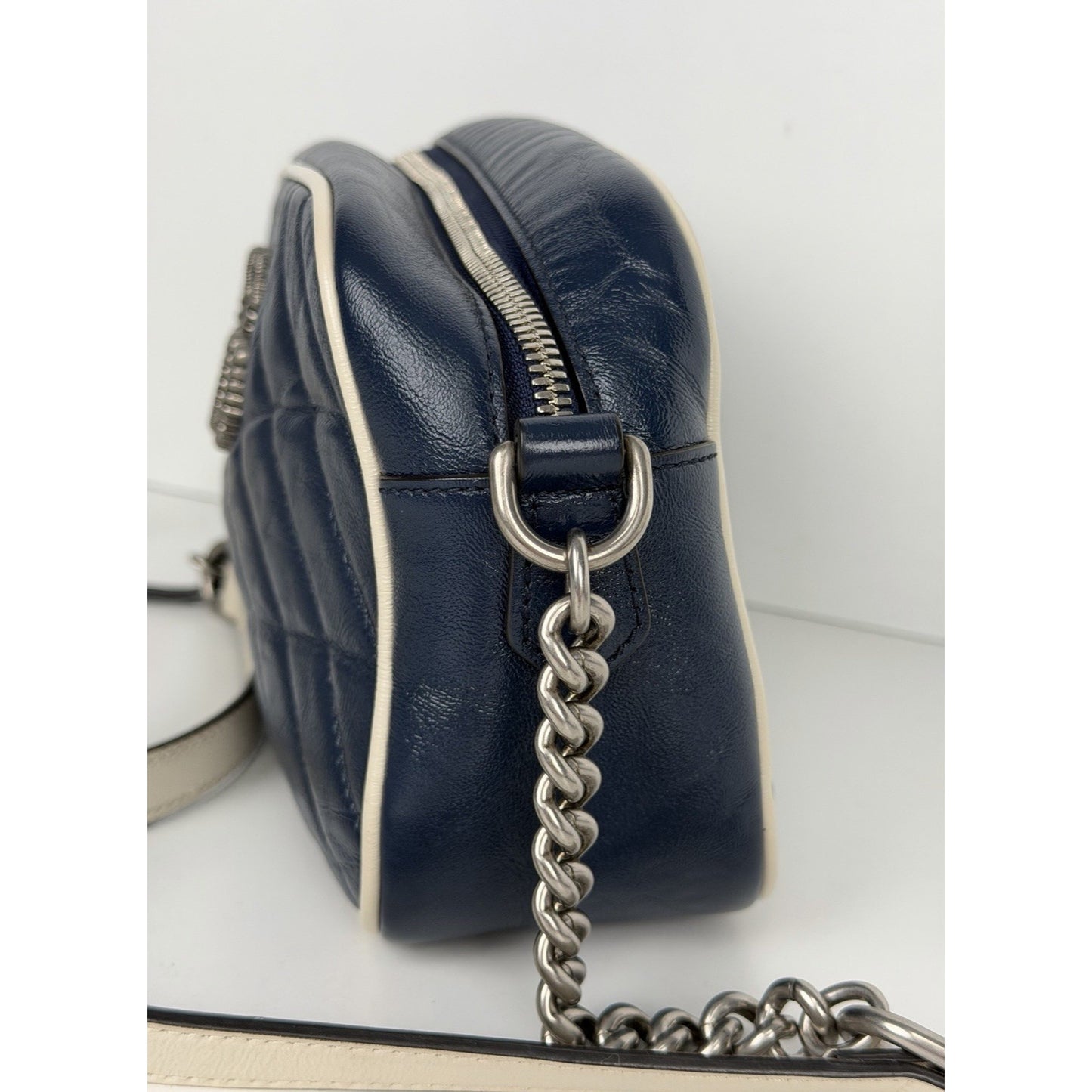 Gucci GG Marmont Small Shoulder Bag Diagonal Dark Blue Quilted Leather S17