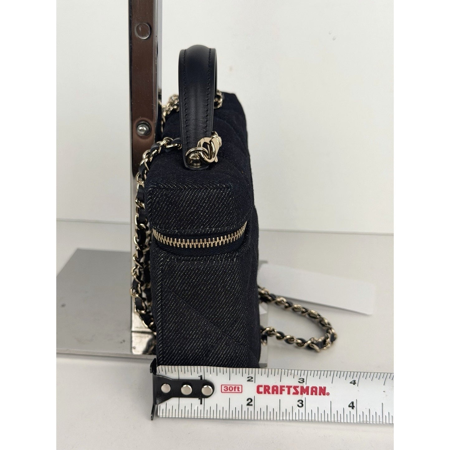 Chanel Slim Vanity Case Crossbody Bag in Blue Quilted Denim With Chain NFC E-1