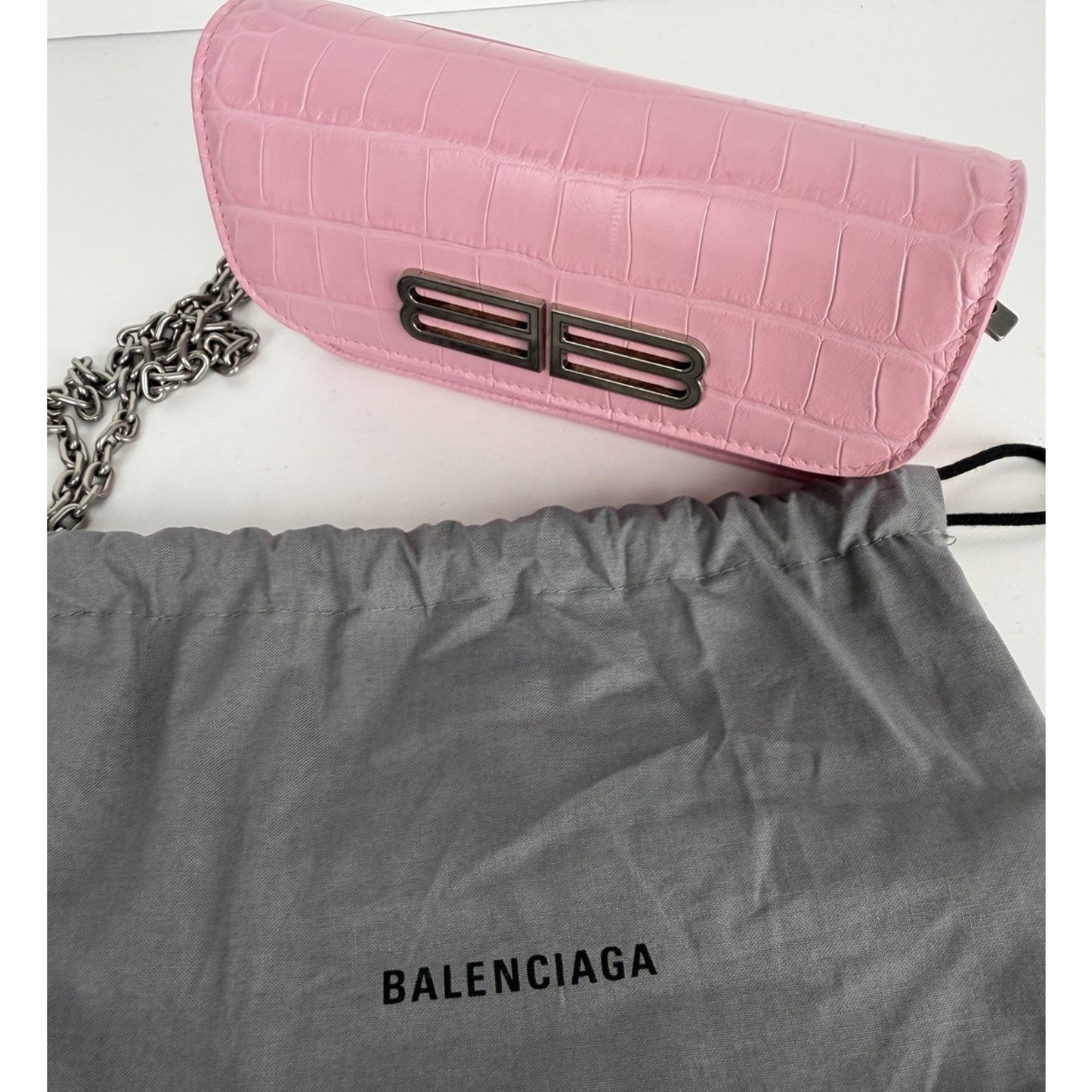 Balenciaga Gossip Wallet on Chain Bag Pink Crocodile Calfskin Silver HW S01
