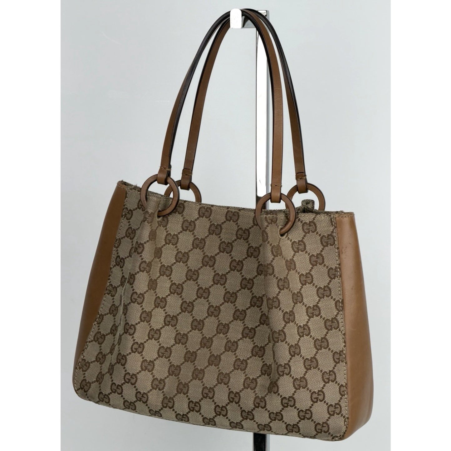 Gucci Vintage GG Canvas Tote Bag in GG Canvas with Leather Trim S